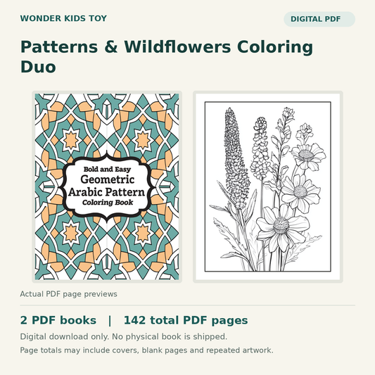 Patterns & Wildflowers Coloring Duo: actual PDF page previews, 2 PDF books, 142 total PDF pages. Digital download only.