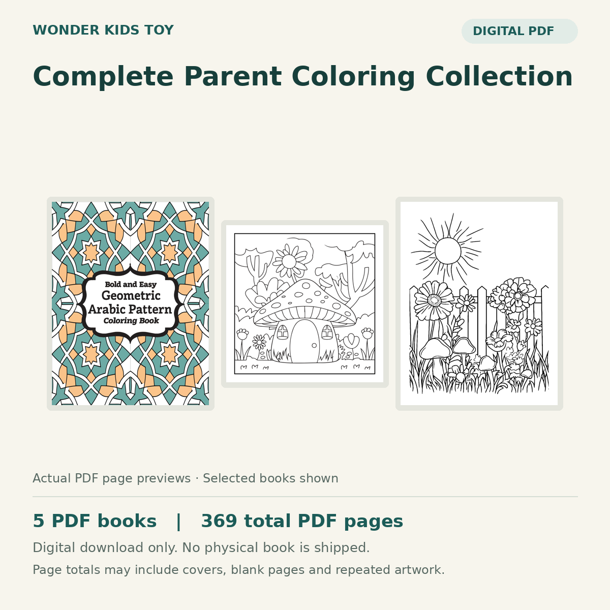 Complete Parent Coloring Collection: actual PDF page previews, 5 PDF books, 369 total PDF pages. Digital download only.