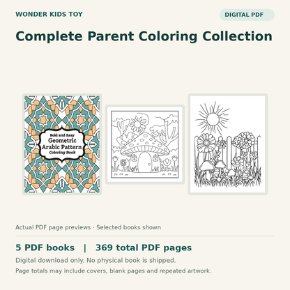 Complete Parent Coloring Collection: actual PDF page previews, 5 PDF books, 369 total PDF pages. Digital download only.