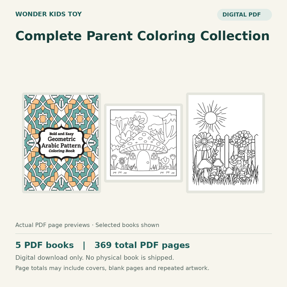 Complete Parent Coloring Collection: actual PDF page previews, 5 PDF books, 369 total PDF pages. Digital download only.