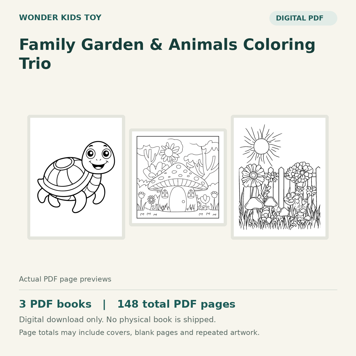 Family Garden & Animals Coloring Trio: actual PDF page previews, 3 PDF books, 148 total PDF pages. Digital download only.