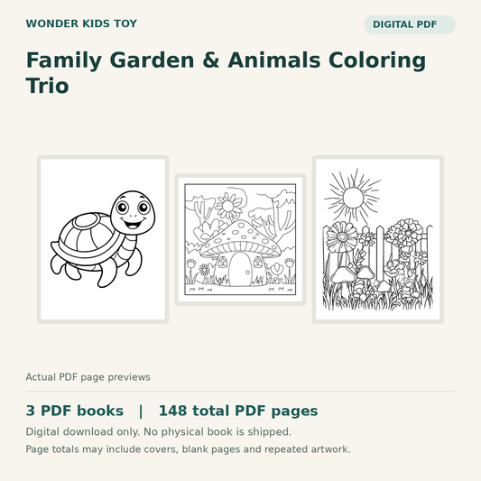Family Garden & Animals Coloring Trio: actual PDF page previews, 3 PDF books, 148 total PDF pages. Digital download only.