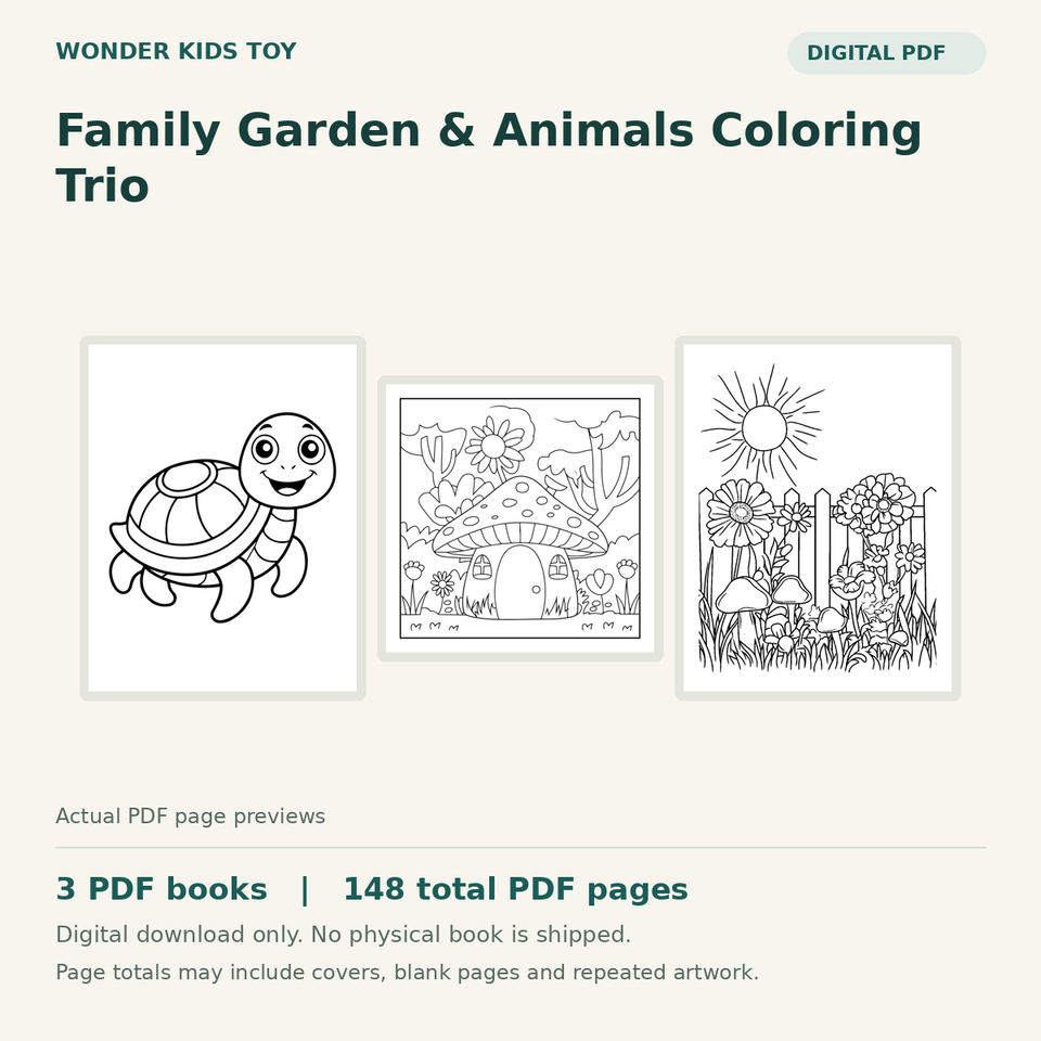 Family Garden & Animals Coloring Trio: actual PDF page previews, 3 PDF books, 148 total PDF pages. Digital download only.