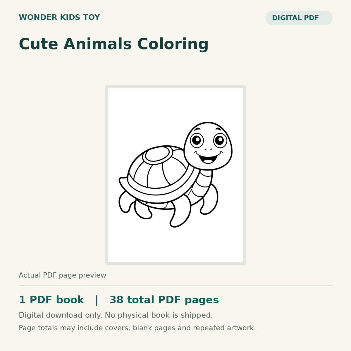 Cute Animals Coloring: actual PDF page previews, 1 PDF book, 38 total PDF pages. Digital download only.