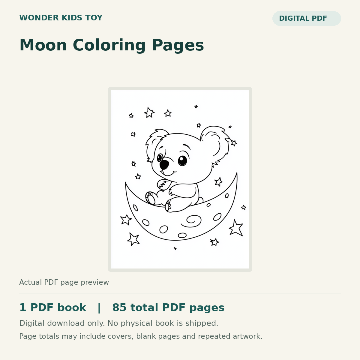 Moon Coloring Pages: actual PDF page previews, 1 PDF book, 85 total PDF pages. Digital download only.