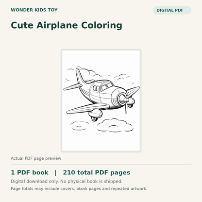 Cute Airplane Coloring: actual PDF page previews, 1 PDF book, 210 total PDF pages. Digital download only.