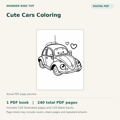 Cute Cars Coloring: actual PDF page previews, 1 PDF book, 240 total PDF pages. Digital download only.
