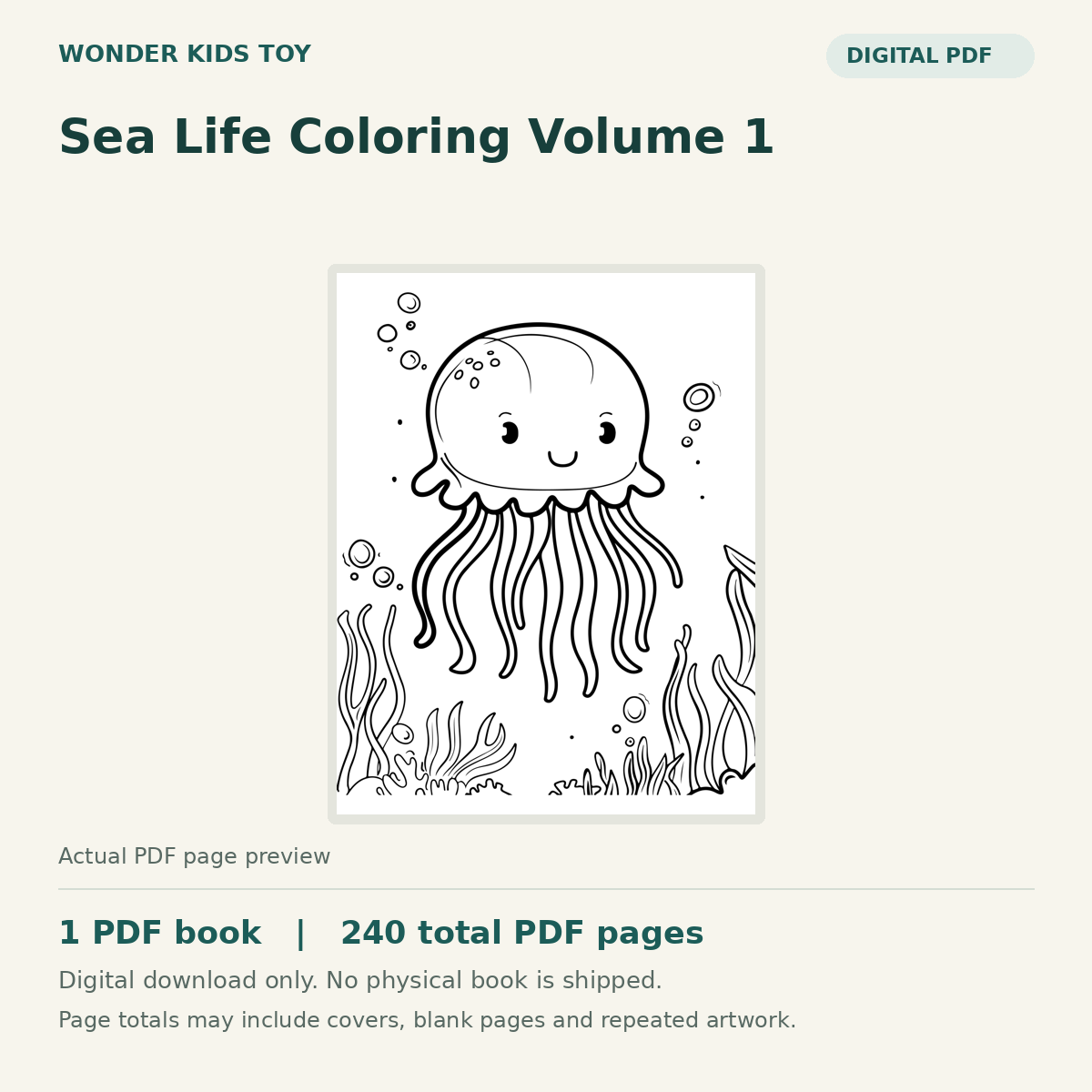 Sea Life Coloring Volume 1: actual PDF page previews, 1 PDF book, 240 total PDF pages. Digital download only.