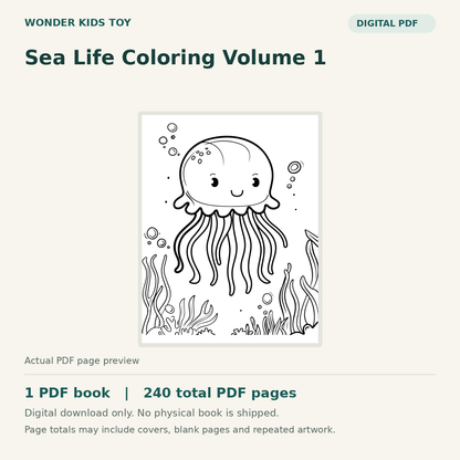 Sea Life Coloring Volume 1: actual PDF page previews, 1 PDF book, 240 total PDF pages. Digital download only.