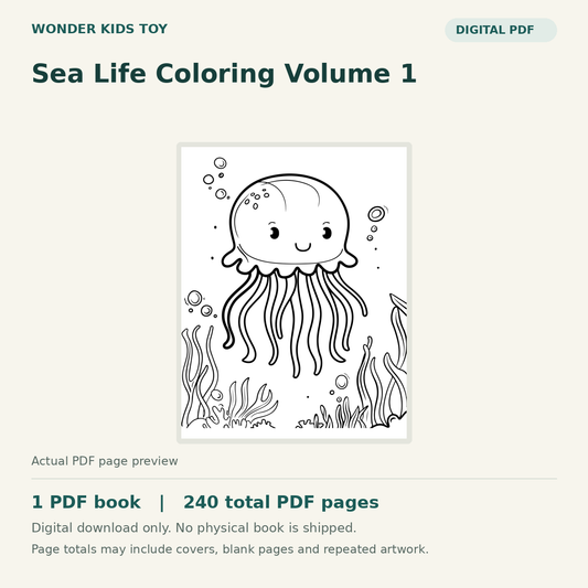 Sea Life Coloring Volume 1: actual PDF page previews, 1 PDF book, 240 total PDF pages. Digital download only.