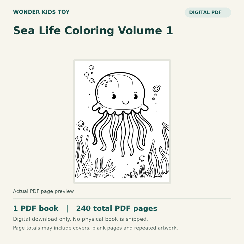 Sea Life Coloring Volume 1: actual PDF page previews, 1 PDF book, 240 total PDF pages. Digital download only.