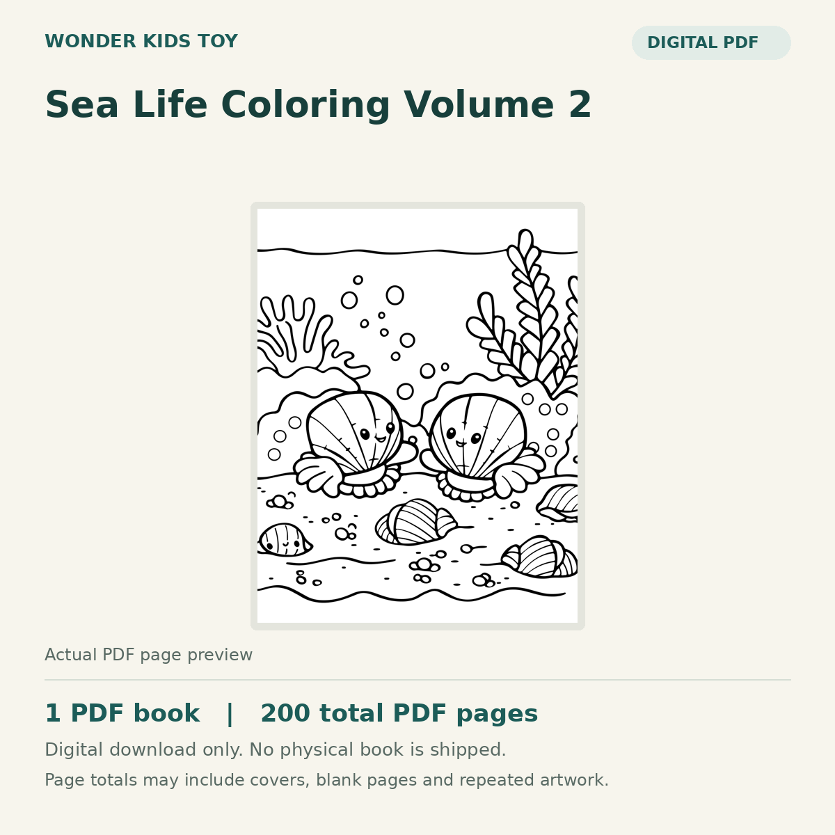 Sea Life Coloring Volume 2: actual PDF page previews, 1 PDF book, 200 total PDF pages. Digital download only.