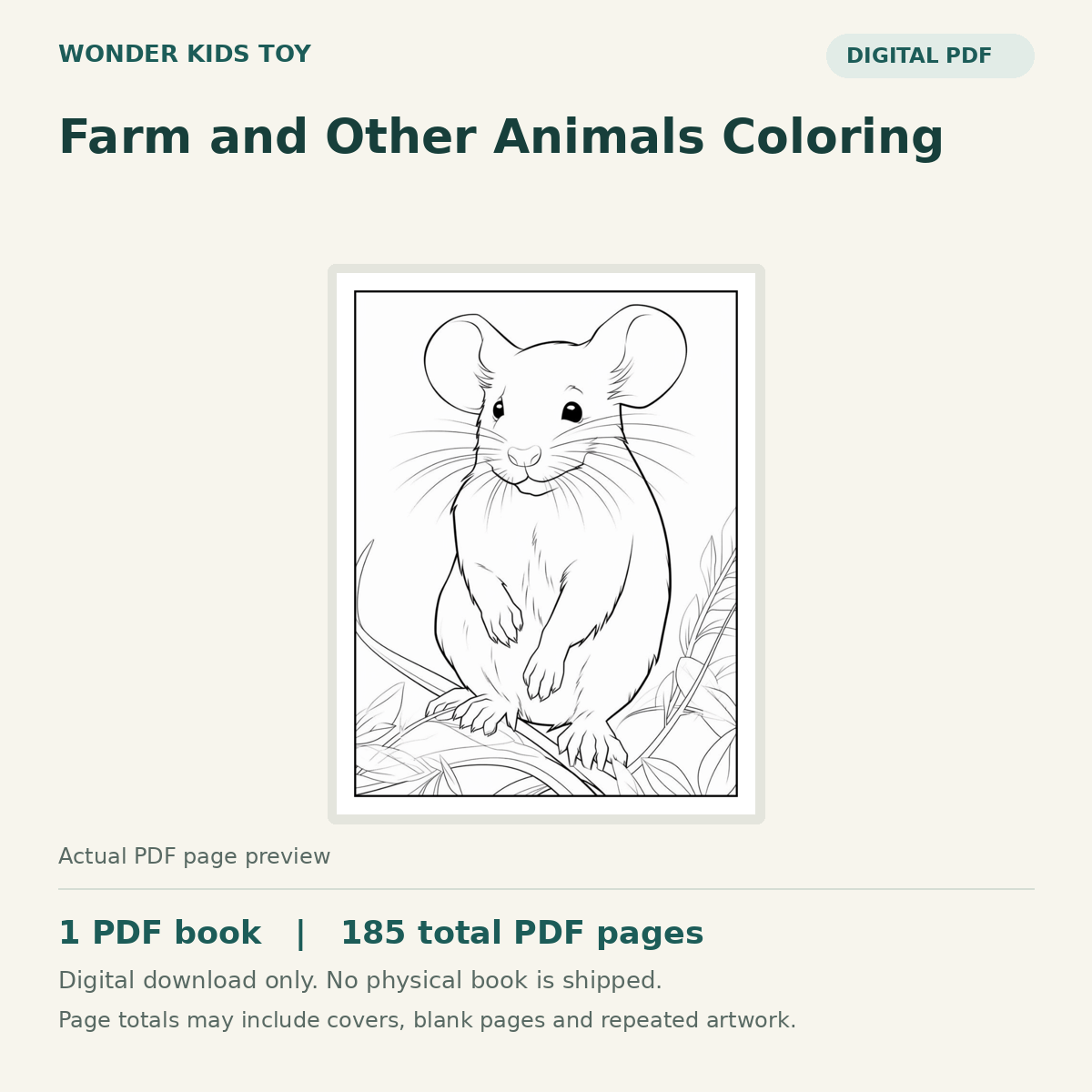 Farm and Other Animals Coloring: actual PDF page previews, 1 PDF book, 185 total PDF pages. Digital download only.