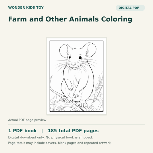 Farm and Other Animals Coloring: actual PDF page previews, 1 PDF book, 185 total PDF pages. Digital download only.