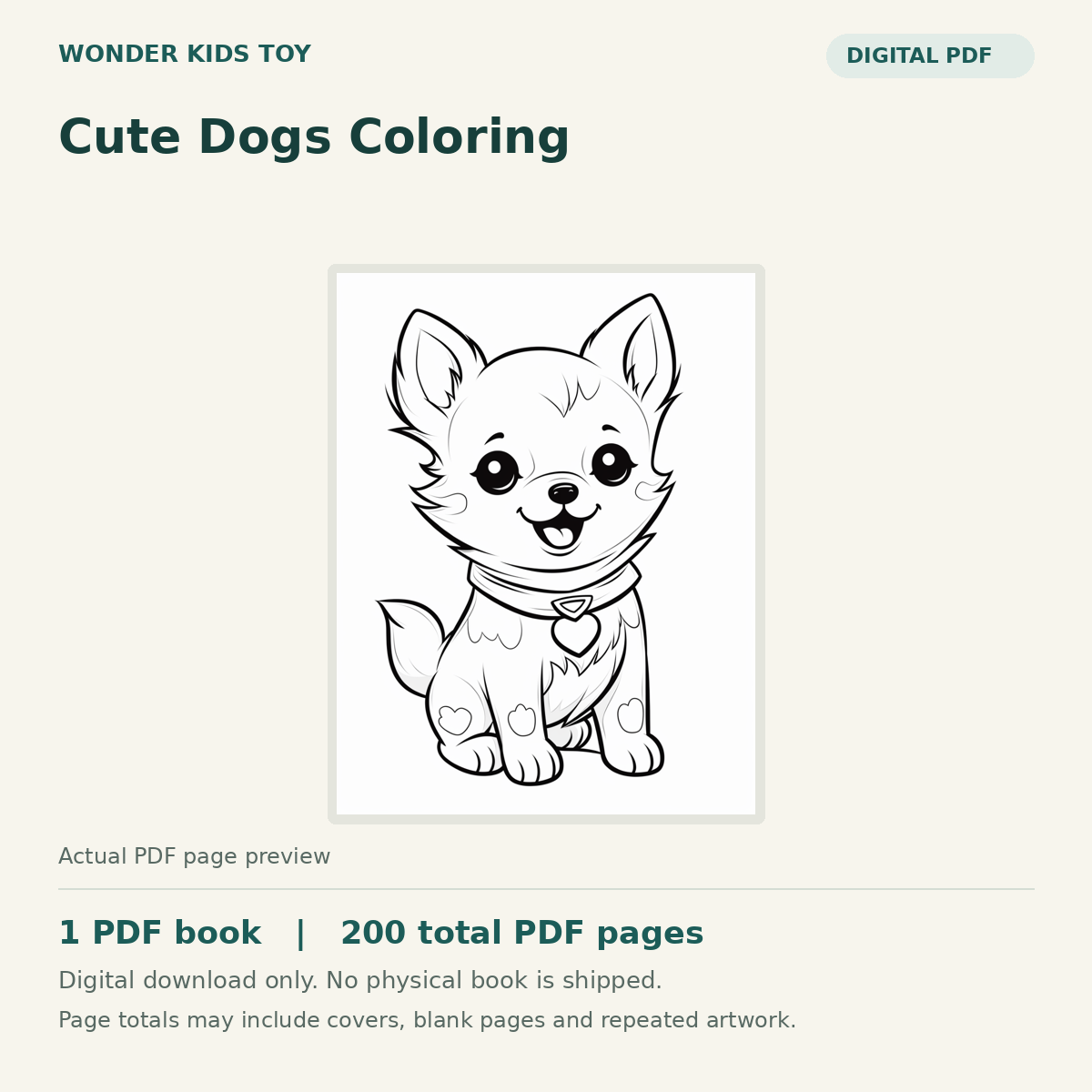 Cute Dogs Coloring: actual PDF page previews, 1 PDF book, 200 total PDF pages. Digital download only.