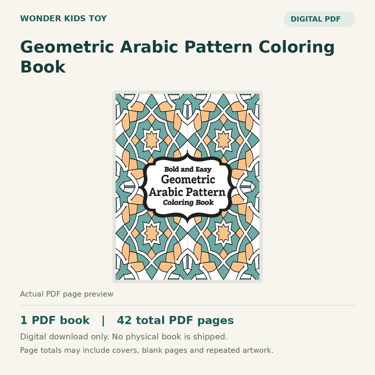 Geometric Arabic Pattern Coloring Book: actual PDF page previews, 1 PDF book, 42 total PDF pages. Digital download only.