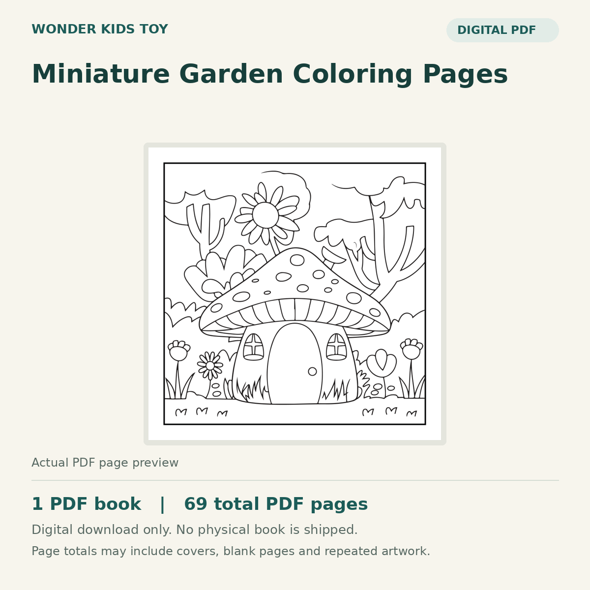 Miniature Garden Coloring Pages: actual PDF page previews, 1 PDF book, 69 total PDF pages. Digital download only.