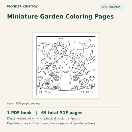 Miniature Garden Coloring Pages: actual PDF page previews, 1 PDF book, 69 total PDF pages. Digital download only.