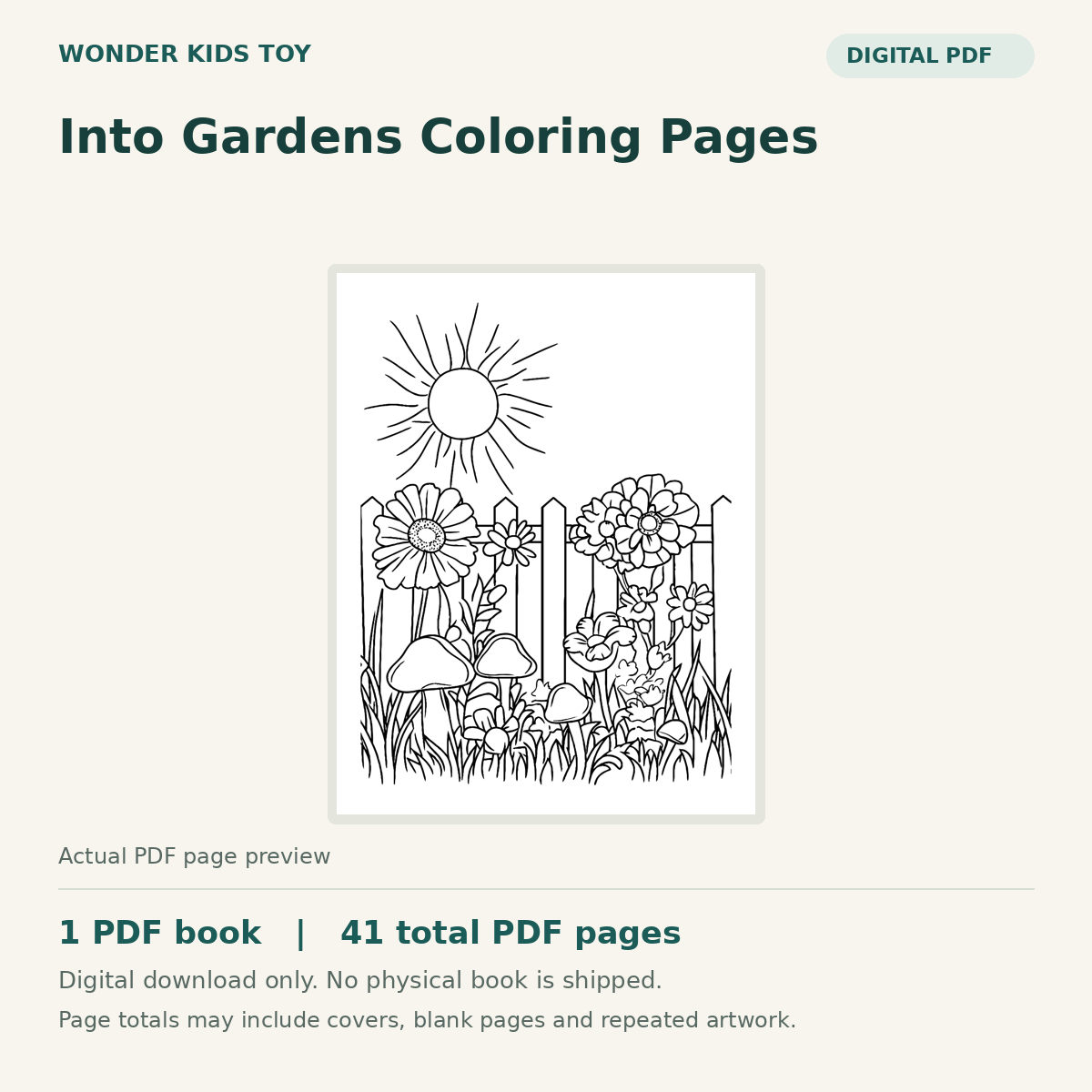 Into Gardens Coloring Pages: actual PDF page previews, 1 PDF book, 41 total PDF pages. Digital download only.
