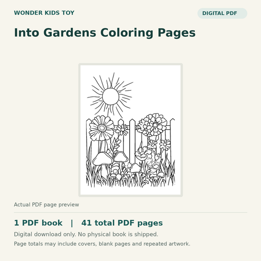 Into Gardens Coloring Pages: actual PDF page previews, 1 PDF book, 41 total PDF pages. Digital download only.