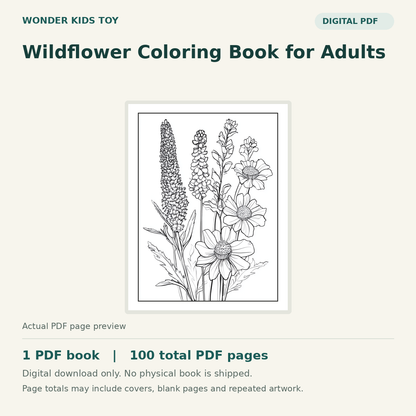 Wildflower Coloring Book for Adults: actual PDF page previews, 1 PDF book, 100 total PDF pages. Digital download only.
