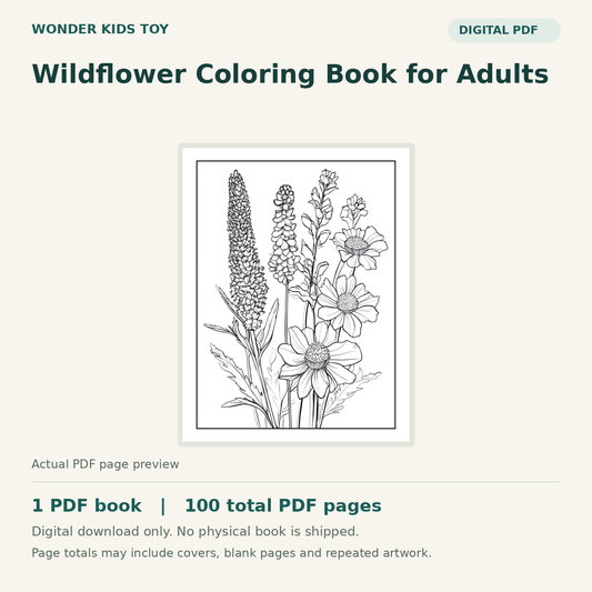 Wildflower Coloring Book for Adults: actual PDF page previews, 1 PDF book, 100 total PDF pages. Digital download only.