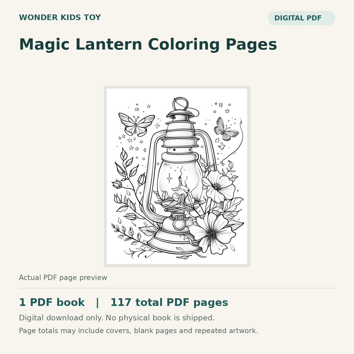 Magic Lantern Coloring Pages: actual PDF page previews, 1 PDF book, 117 total PDF pages. Digital download only.