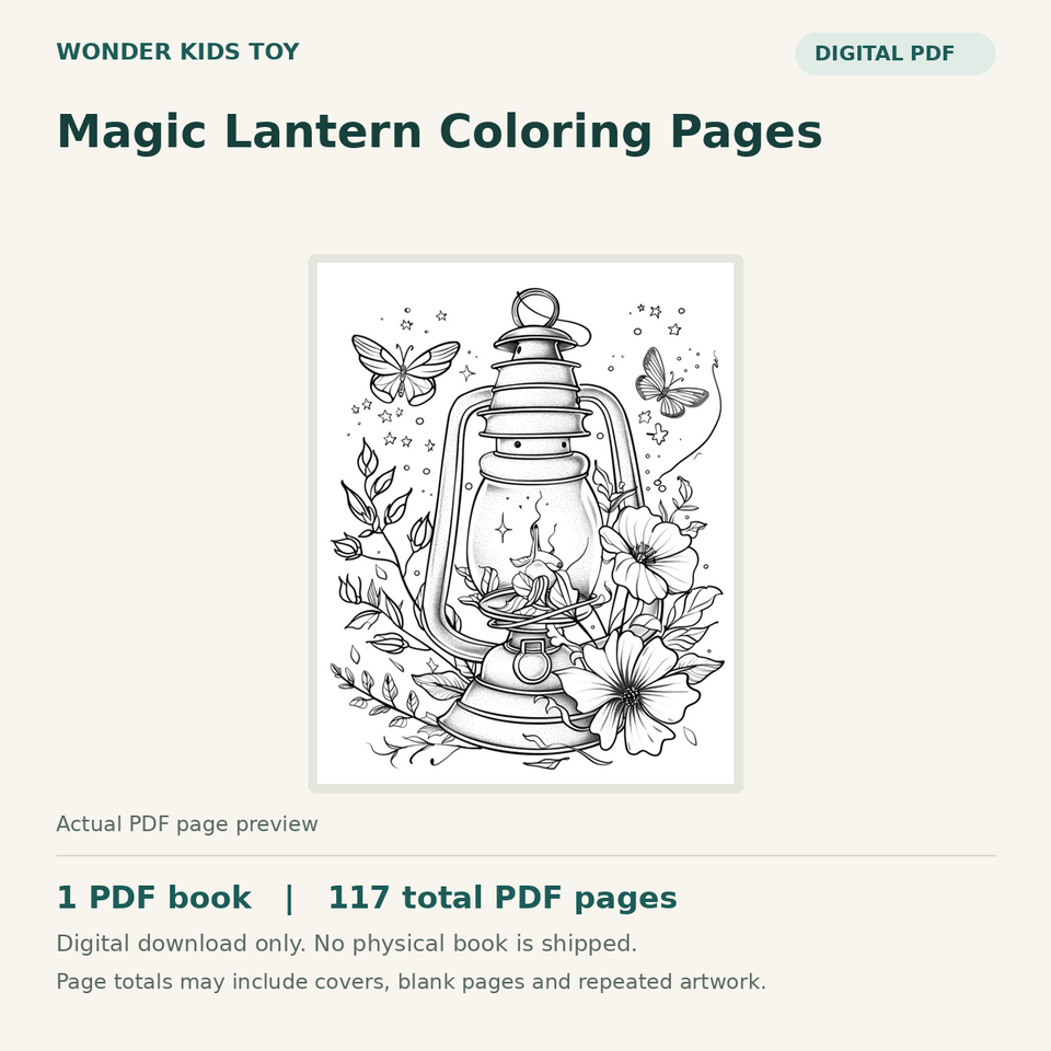 Magic Lantern Coloring Pages: actual PDF page previews, 1 PDF book, 117 total PDF pages. Digital download only.