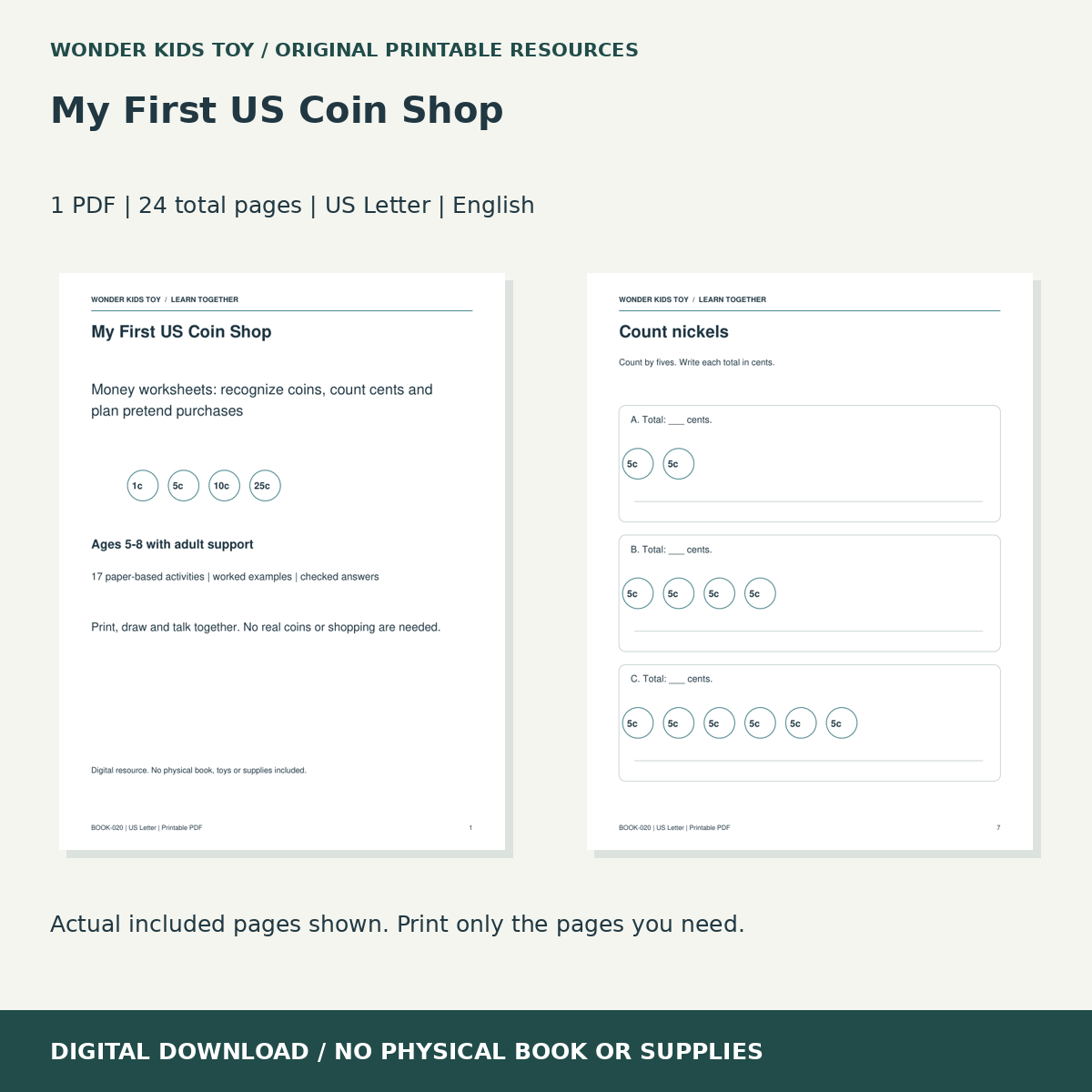 My First US Coin Shop: actual included PDF previews, 24 total pages, US Letter digital download