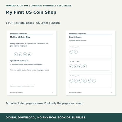 My First US Coin Shop: actual included PDF previews, 24 total pages, US Letter digital download