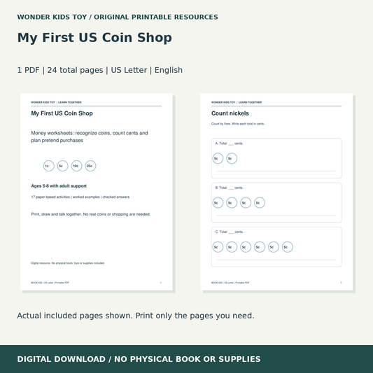 My First US Coin Shop: actual included PDF previews, 24 total pages, US Letter digital download