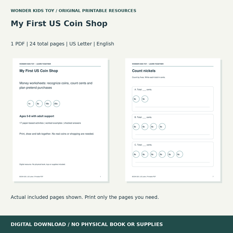 My First US Coin Shop: actual included PDF previews, 24 total pages, US Letter digital download