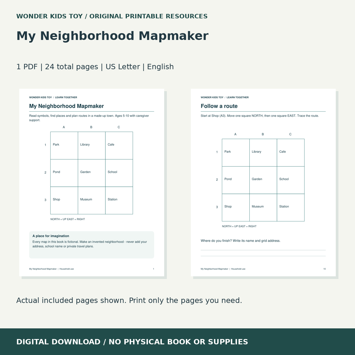 My Neighborhood Mapmaker: actual included PDF previews, 24 total pages, US Letter digital download