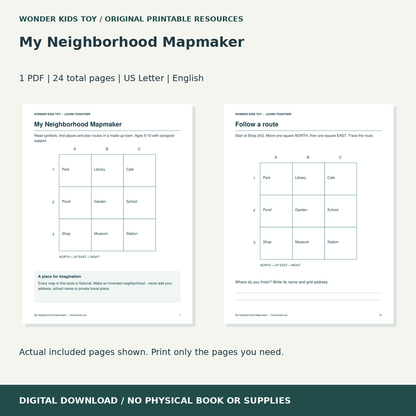 My Neighborhood Mapmaker: actual included PDF previews, 24 total pages, US Letter digital download