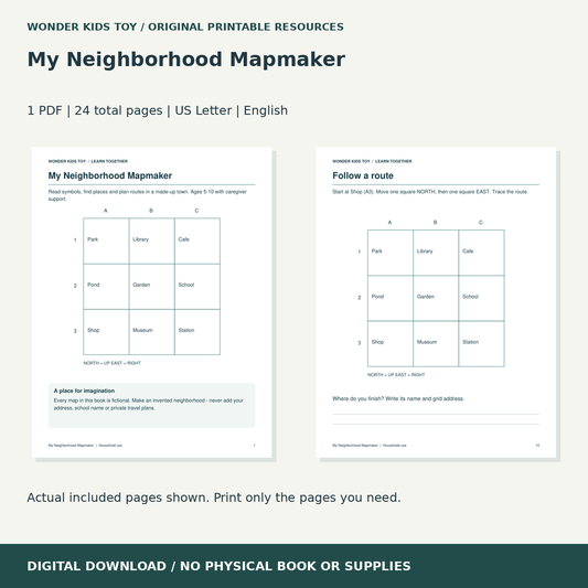 My Neighborhood Mapmaker: actual included PDF previews, 24 total pages, US Letter digital download