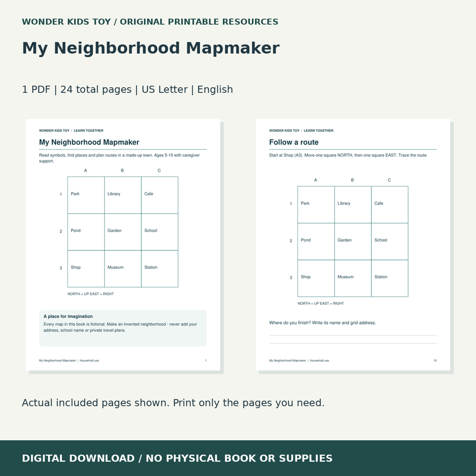 My Neighborhood Mapmaker: actual included PDF previews, 24 total pages, US Letter digital download