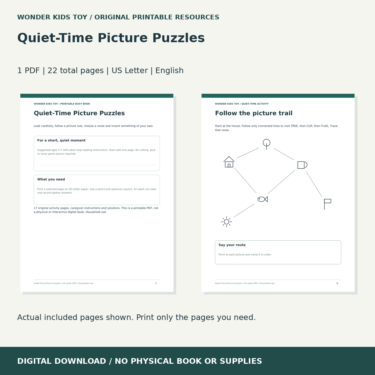 Quiet-Time Picture Puzzles: actual included PDF previews, 22 total pages, US Letter digital download