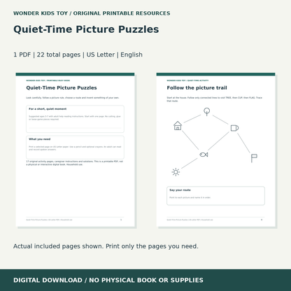 Quiet-Time Picture Puzzles: actual included PDF previews, 22 total pages, US Letter digital download