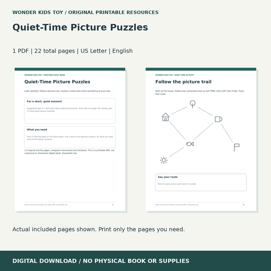 Quiet-Time Picture Puzzles: actual included PDF previews, 22 total pages, US Letter digital download