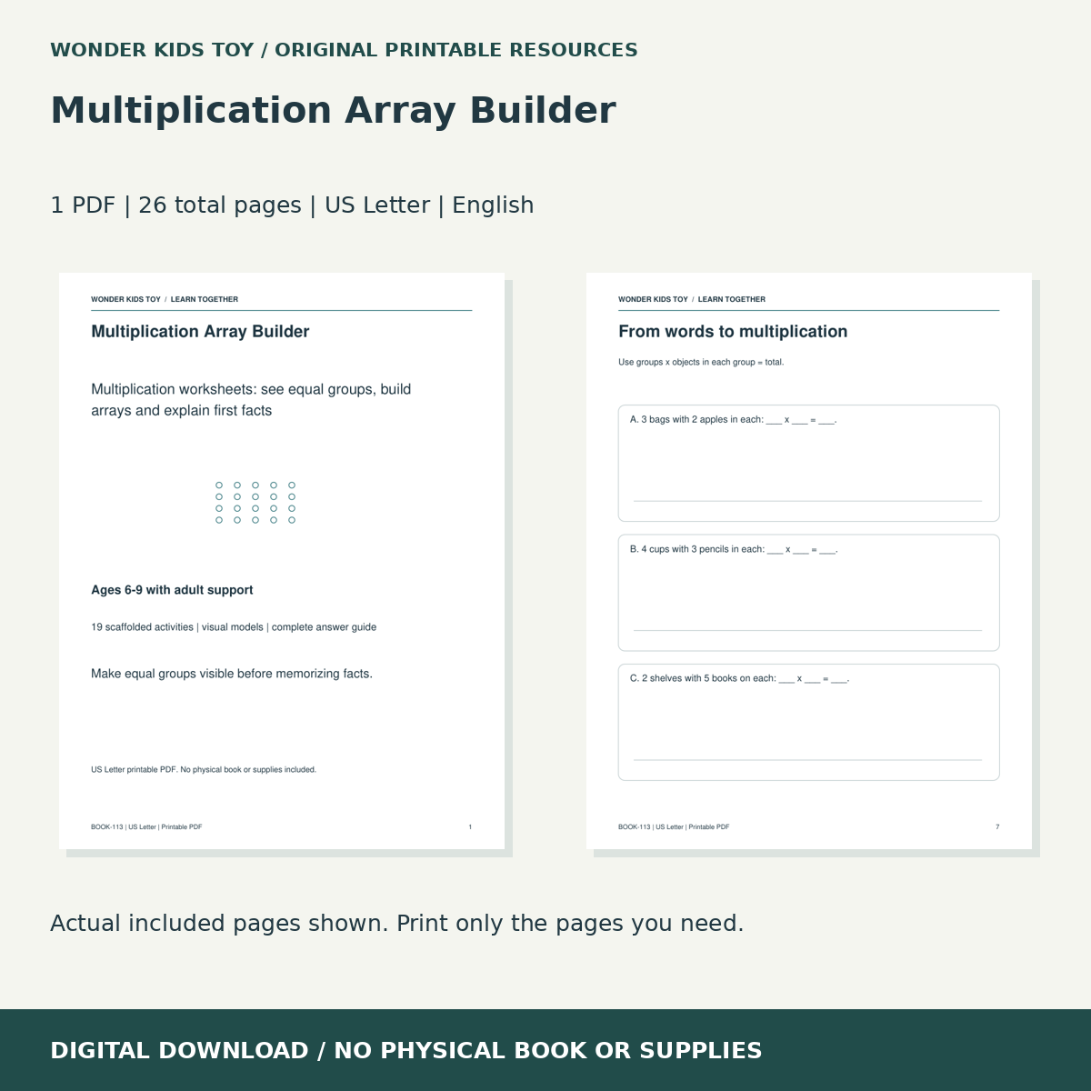 Multiplication Array Builder: actual included PDF previews, 26 total pages, US Letter digital download