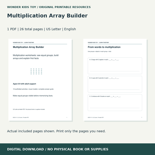 Multiplication Array Builder: actual included PDF previews, 26 total pages, US Letter digital download