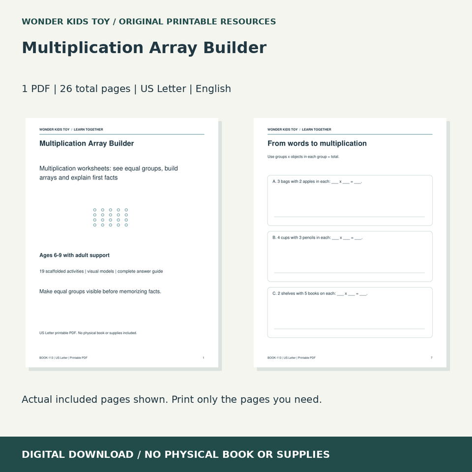 Multiplication Array Builder: actual included PDF previews, 26 total pages, US Letter digital download