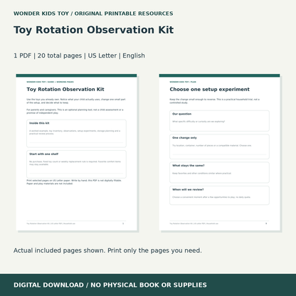 Toy Rotation Observation Kit: actual included PDF previews, 20 total pages, US Letter digital download