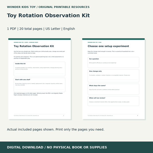 Toy Rotation Observation Kit: actual included PDF previews, 20 total pages, US Letter digital download