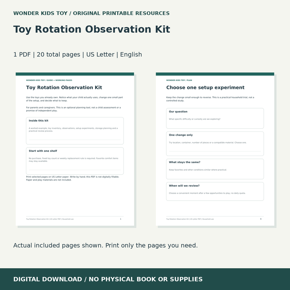 Toy Rotation Observation Kit: actual included PDF previews, 20 total pages, US Letter digital download