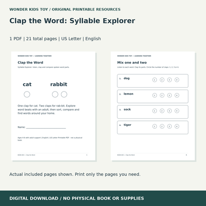 Clap the Word: Syllable Explorer: actual included PDF previews, 21 total pages, US Letter digital download