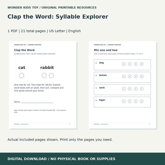 Clap the Word: Syllable Explorer: actual included PDF previews, 21 total pages, US Letter digital download