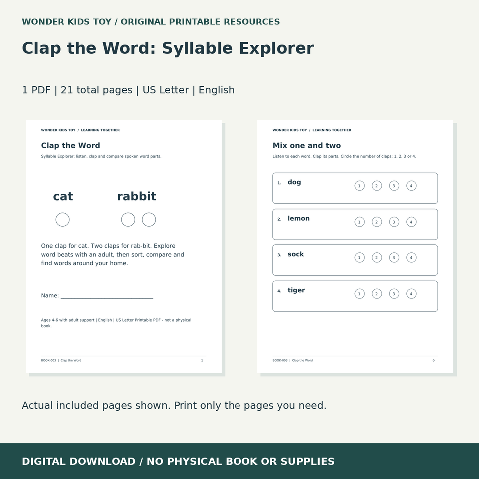 Clap the Word: Syllable Explorer: actual included PDF previews, 21 total pages, US Letter digital download