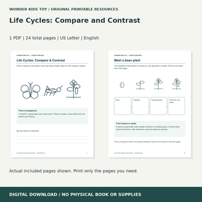 Life Cycles: Compare and Contrast: actual included PDF previews, 24 total pages, US Letter digital download