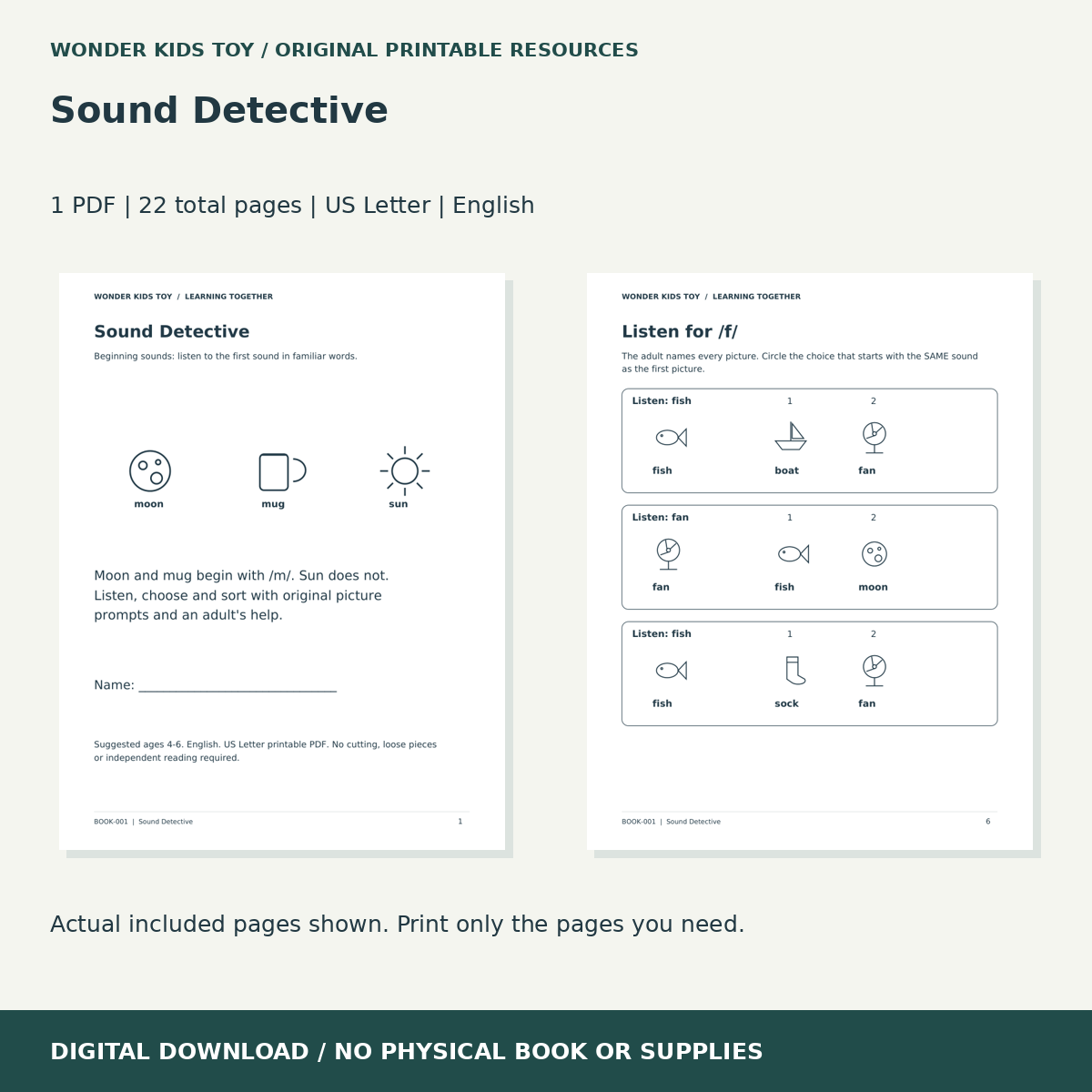 Sound Detective: actual included PDF previews, 22 total pages, US Letter digital download